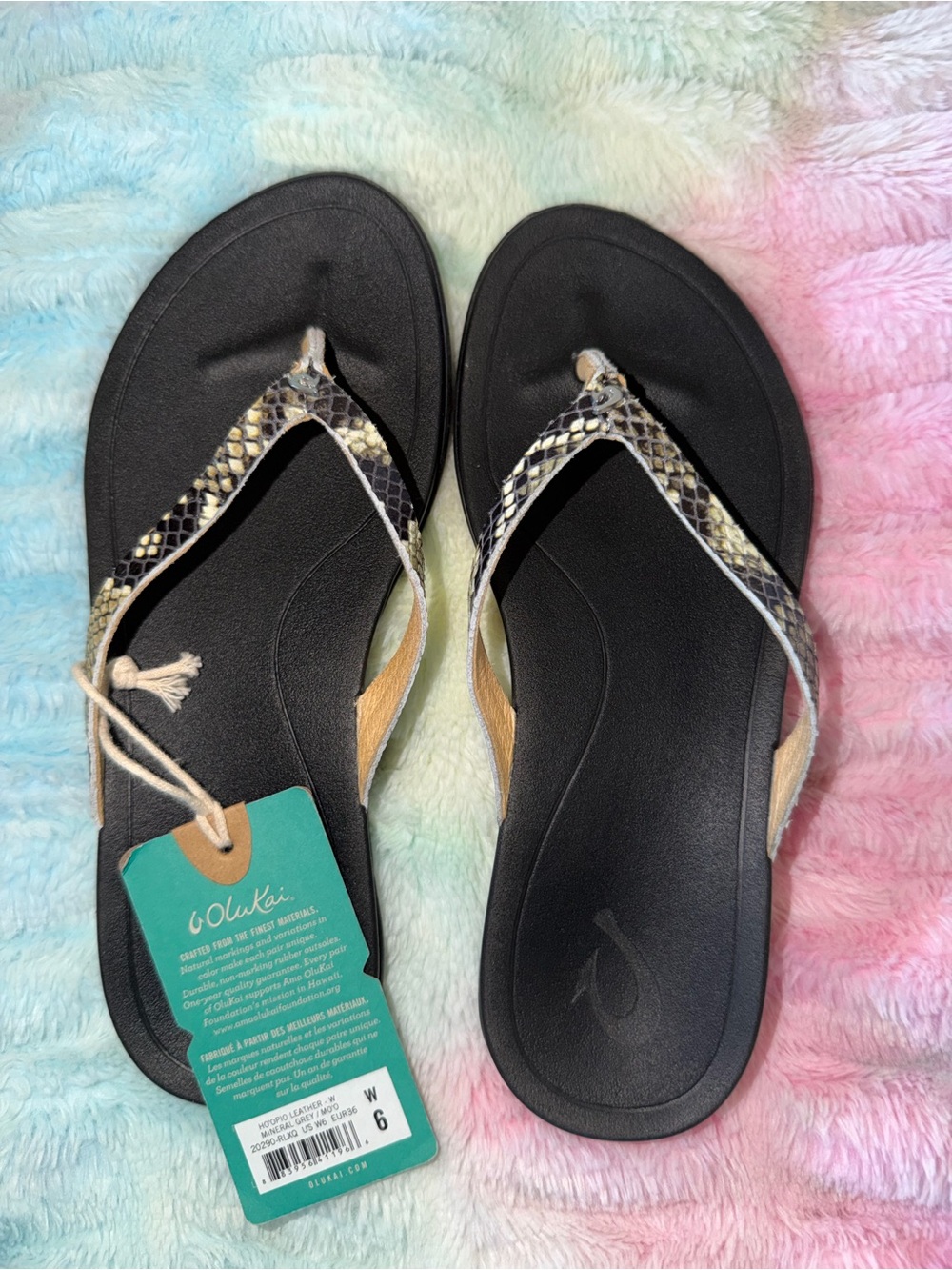 OluKai Black Snake-Print Thong Sandals with Neutral Strap Accents